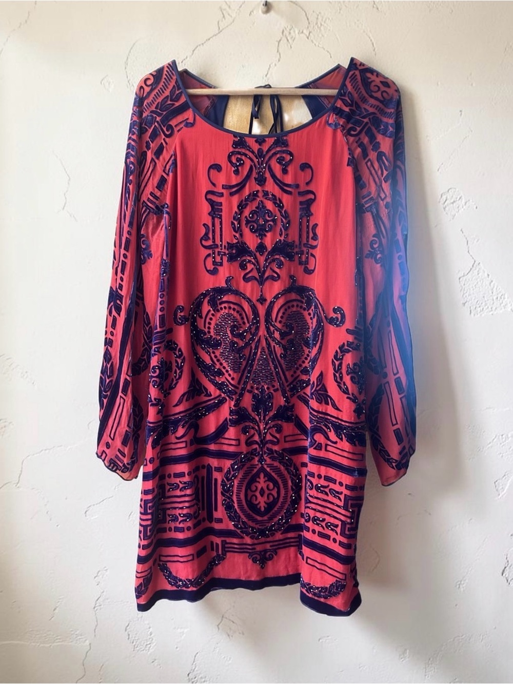 HALE BOB Rare Dress Burnout Silk Blue Velvet & Red Silk w/Gorgeous Beading (M)